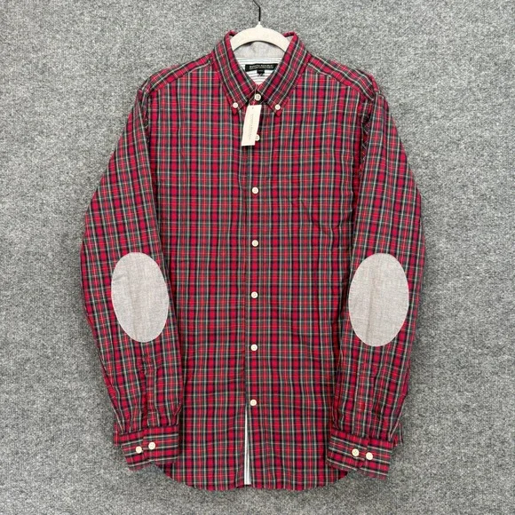 Banana Republic Button Down Shirt Mens Medium Red Elbow Patch Plaid Slim Fit NEW - Picture 1 of 10